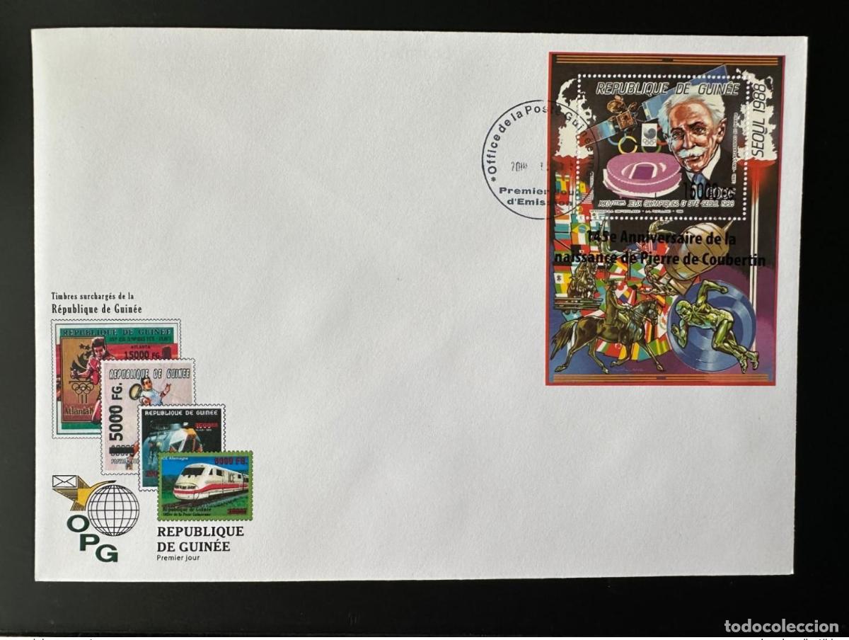 Sellos: Guinea 2008 FDC Mi. Bl. 1652 sobrecarg&oacute; a Pierre de Coubertin Cheval Sport