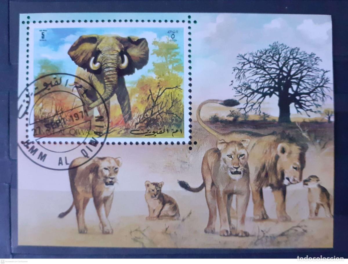 Timbres: UMM al-QAYWAYN Bloque n&deg; 34&deg; Fauna. Elefante