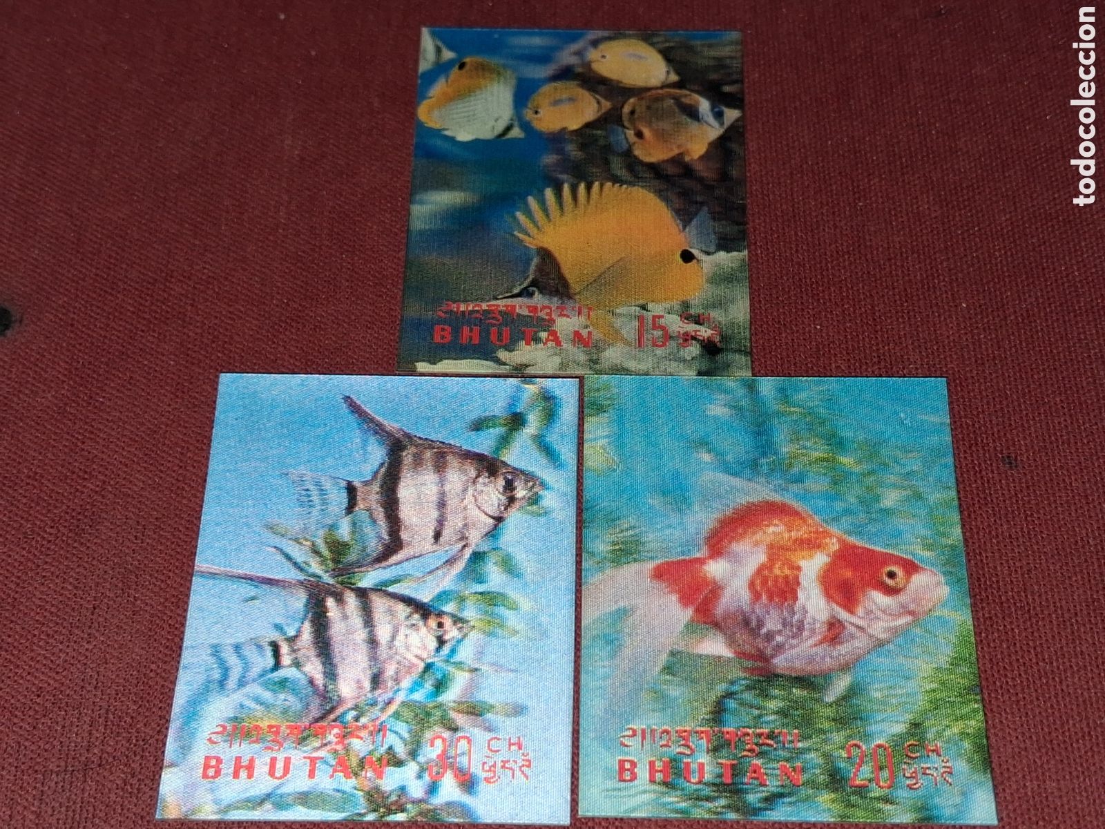 Stamps: Sello 3D Bhutan nuevo/bg 1969. Peces. Pescado. Fauna, vida marina. Arrecife. Acuario. Animales dom&eacute;s