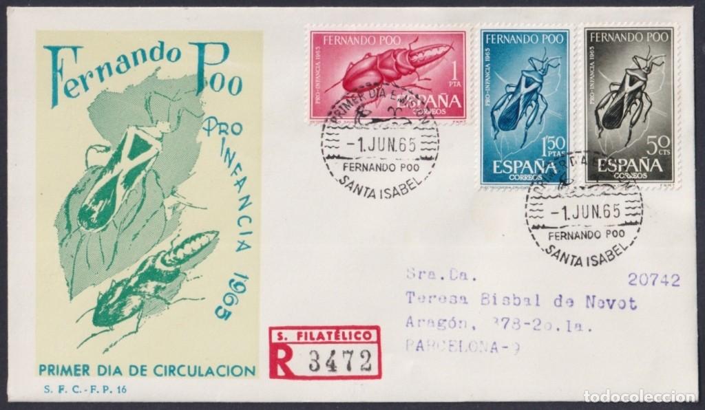 Sellos: F-EX64140 FERNANDO POO 1965 FDC REG PRO CHILDREN BEETLE INSECTS ENTOMOLOGY.