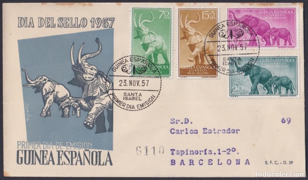Sellos: F-EX64087 SPANISH GUINEA 1957 FDC REG STAMPS DAY FAUNA WILDLIFE ELEPHANT.
