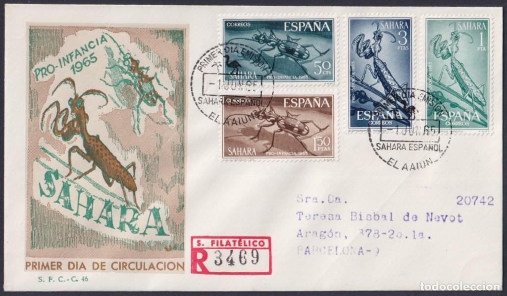 Francobolli: F-EX64102 SPANISH SAHARA 1965 FDC REG PRO CHILDREN FAUNA BEETLE INSECTS MANTIS.