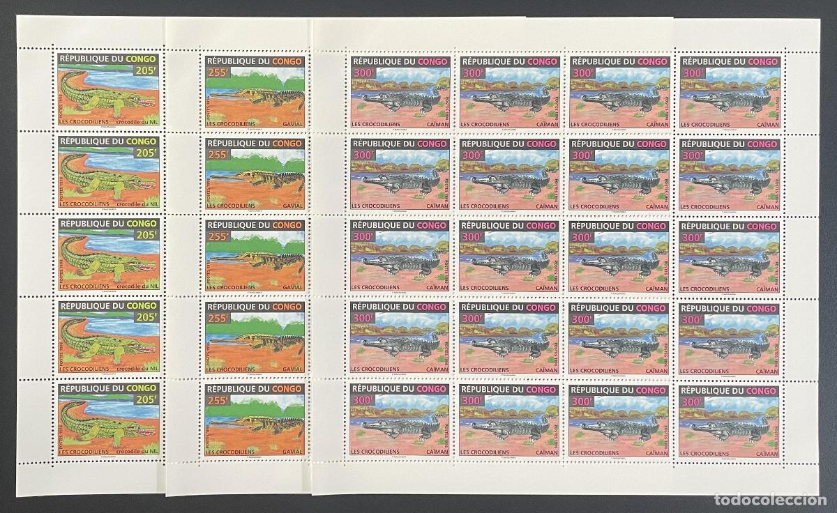 Sellos: Congo 1996 YT 1018-1020 tabl&oacute;n cocodrilos reptiles vida silvestre animales