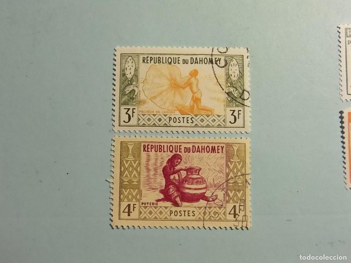 Sellos: BENIN-DAHOMEY 1961 - ARTESAN&Iacute;A Y OFICIOS - PESCADOR Y RED - MUJER ELABORANDO VASIJAS DE BARRO.