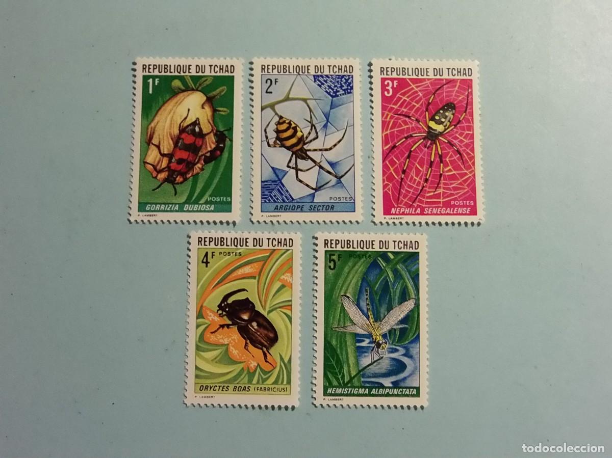Sellos: REP. CHAD 1972 - INSECTOS Y AR&Aacute;CNIDOS - LIBELULA, GORRIZIA, ARGIOPE, ORYCTES Y NEPHILA.