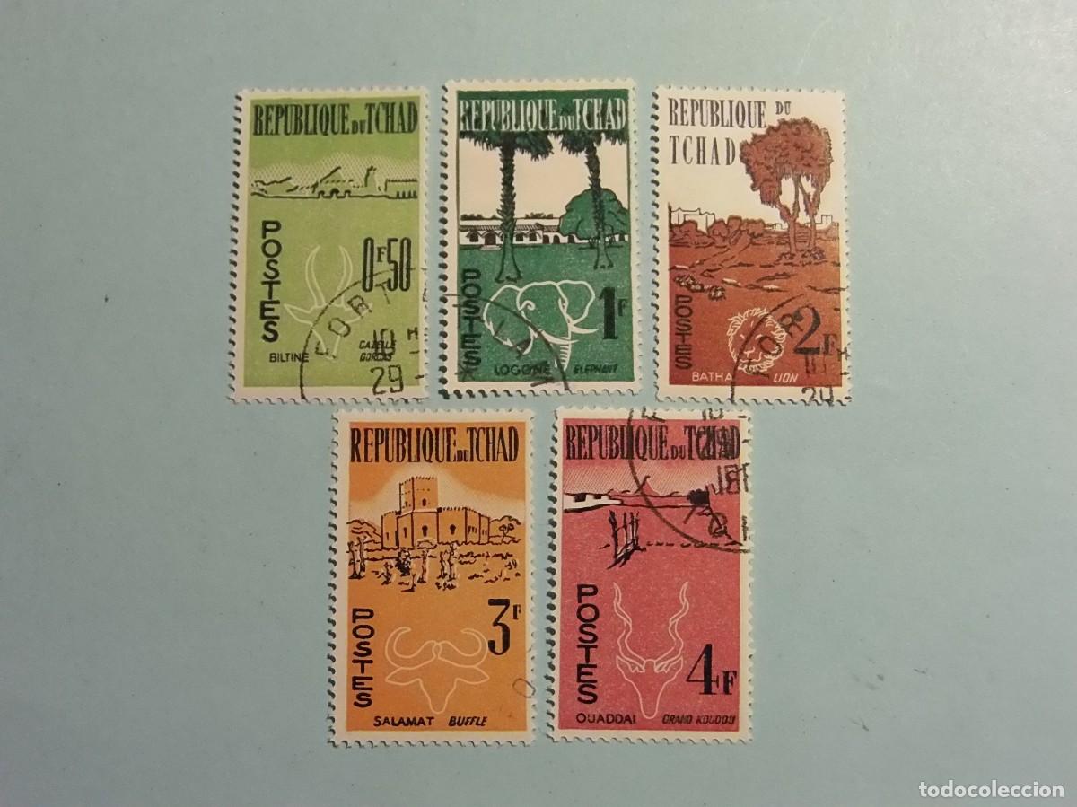 Sellos: REP. DEL CHAD 1961-62 - ANIV. INDEPENDENCIA, REGIONES, CIUDADES Y FAUNA - ELEFANTE, LE&Oacute;N B&Uacute;FALO
