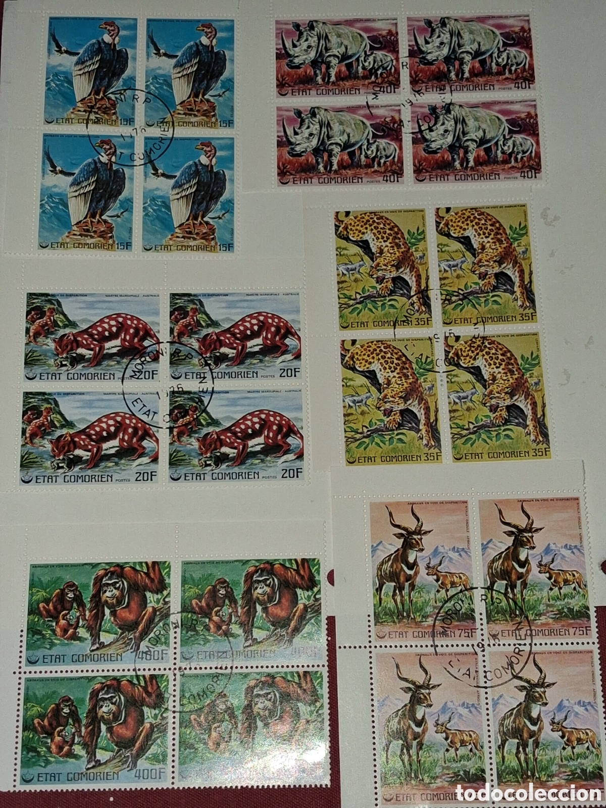 Sellos: Sello (2series) Comoras mtdo 1976. Fauna peligro extinci&oacute;n. Aniamles. Buitre. Chimpanc&eacute;. Rinoceronte