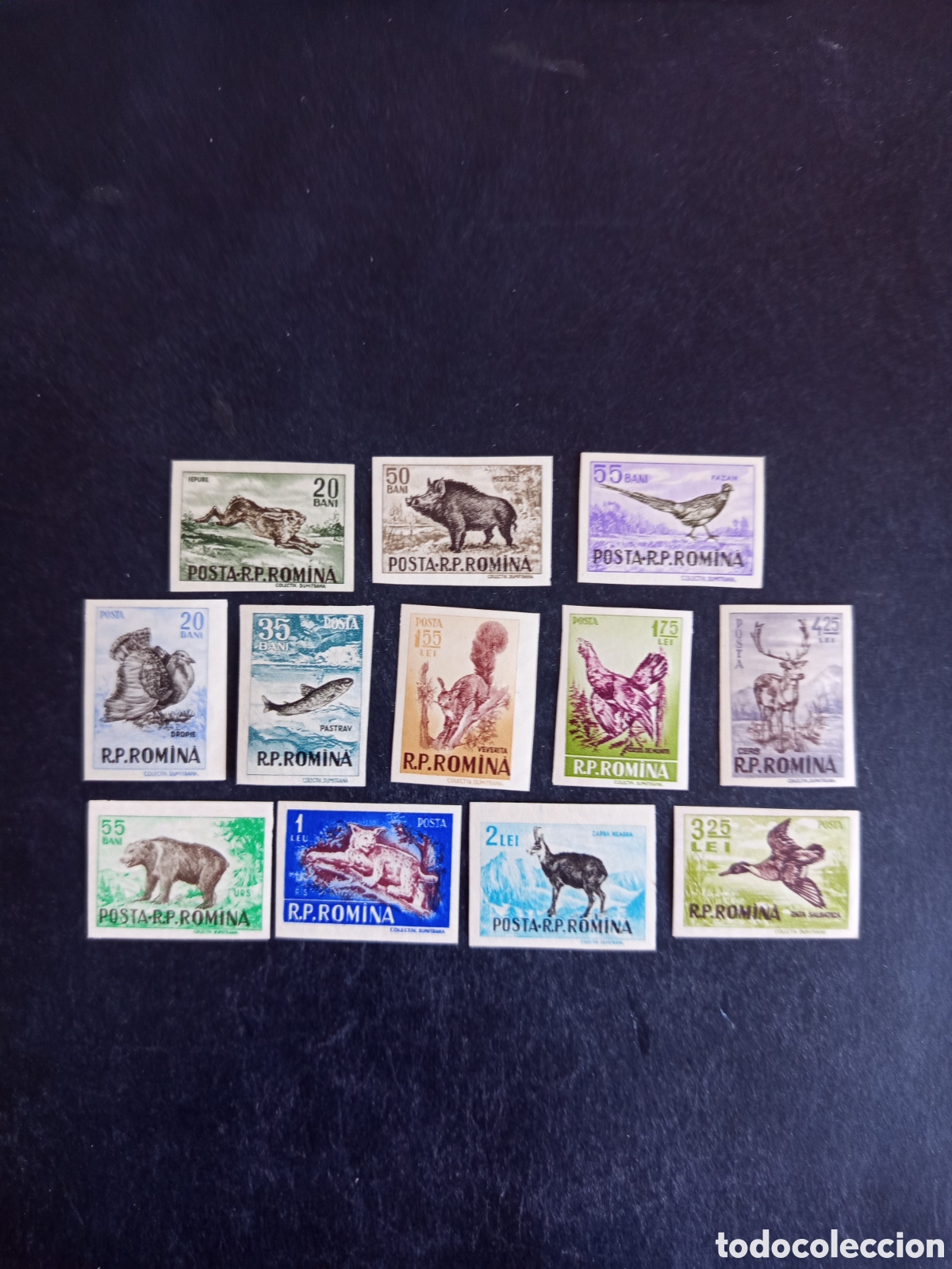 Sellos: Ruman&iacute;a,1956. Fauna. Caza y pesca. Yv 1488/99. Serie completa sin dentar. Pedido m&iacute;nimo 3 &euro;.