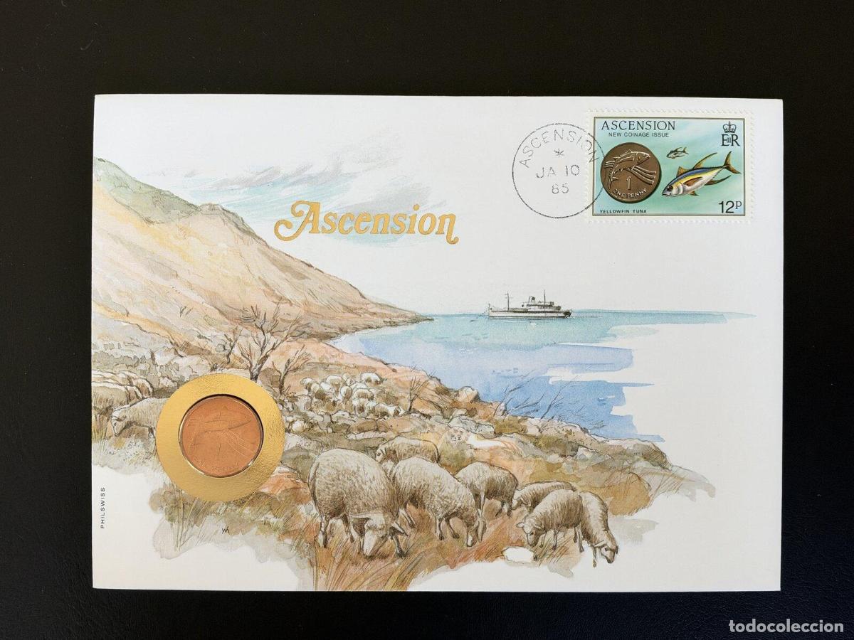 Sellos: Isla Ascensi&oacute;n 1985 sobre numism&aacute;tico Philswiss At&uacute;n de aleta amarilla