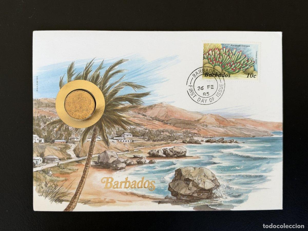 Sellos: Barbados 1985 Numisbrief Philswiss FDC sobre moneda An&eacute;mona 10c