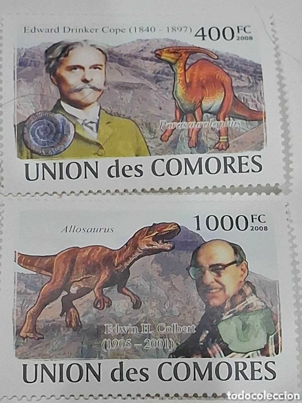 Sellos: Sello Comoras nuevo 2009. Paleontologos. Edward. Drinker. Colbert. Dinosaurio. Fauna prehistorica. M