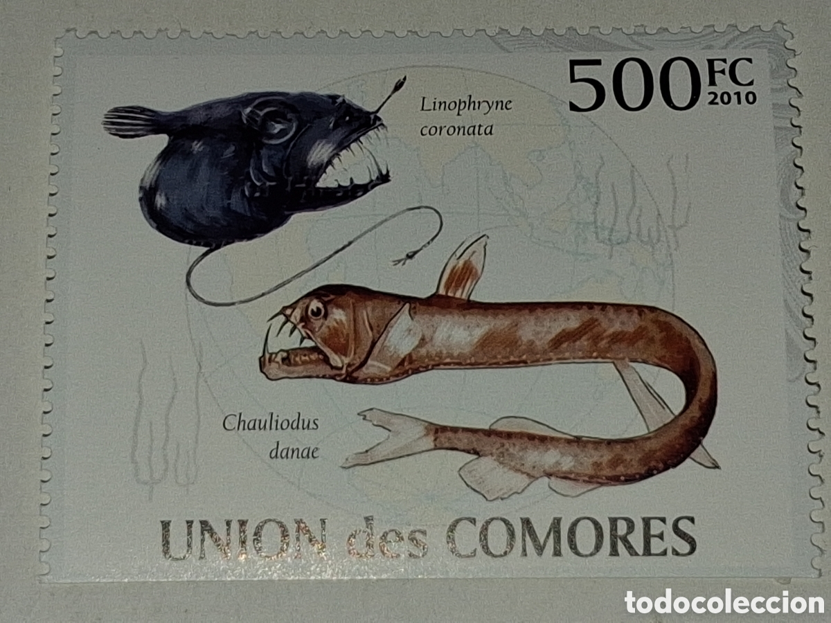Sellos: Sello Comoras nuevo 2010/. Ciaturas abisales. Fondo marino. Vida. Fauna. Peces. Vibora. Diablo. Pece