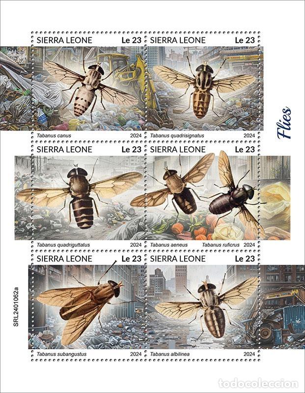 Timbres: Sierra Leona 2024 Mi. 18028-18033 hoja t&aacute;banos moscas insectos