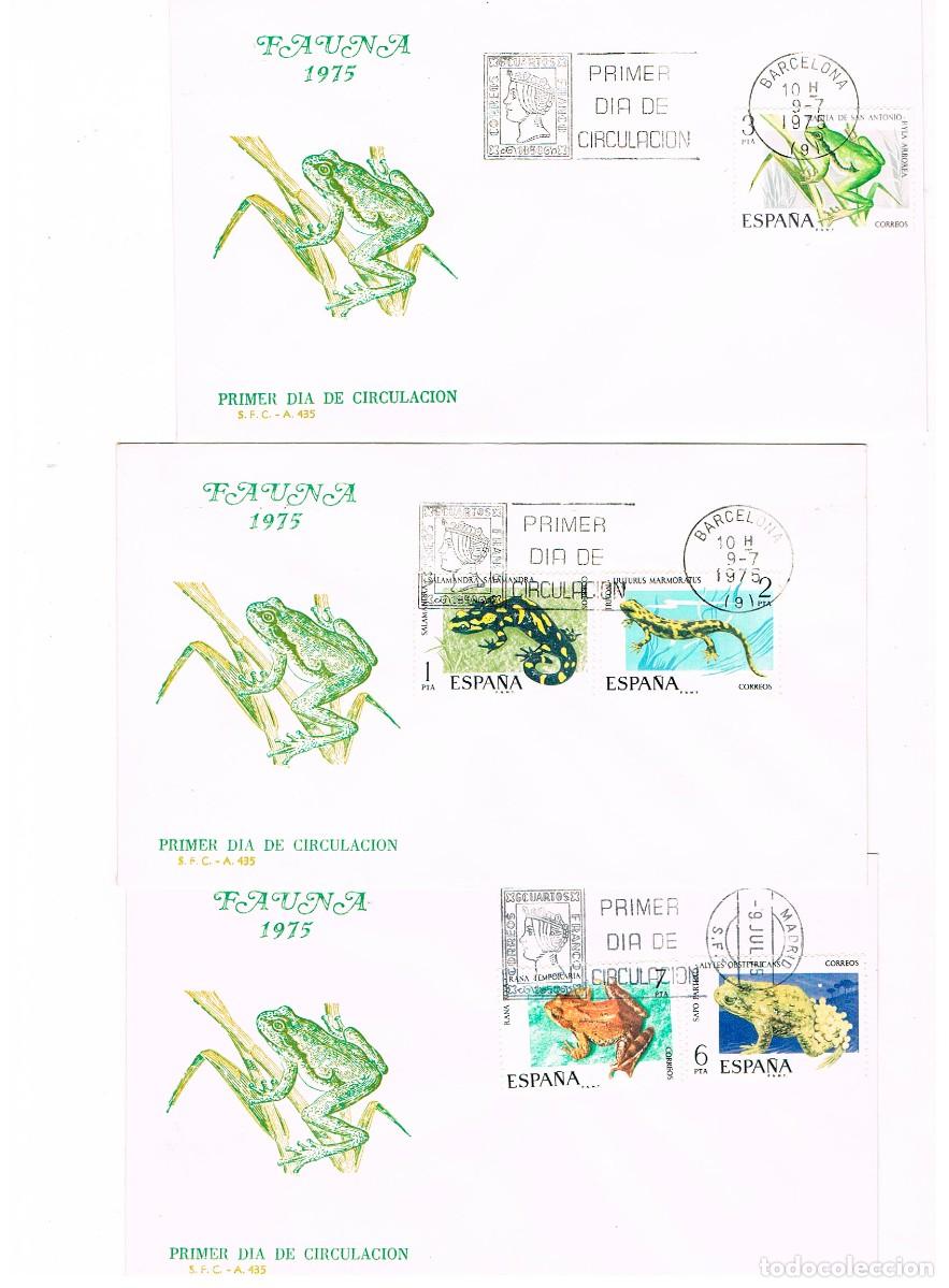 Sellos: EDIFIL 2272/6, FAUNA HISPANICA 1975, PRIMER DIA DE 9-7-1975 EN 3 SOBRES DEL SFC