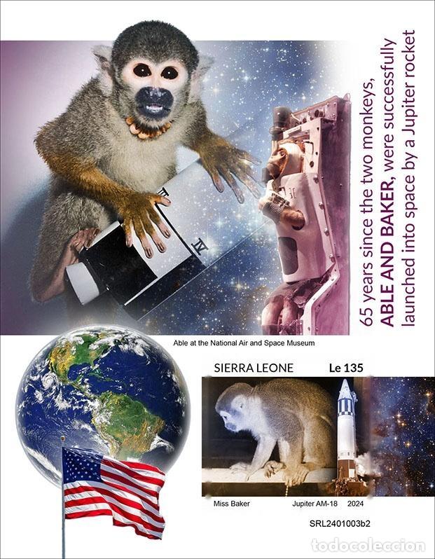 Sellos: Sierra Leona 2024 Mi. Bl. 3223 bloque sin perforar Able Baker monos espacio
