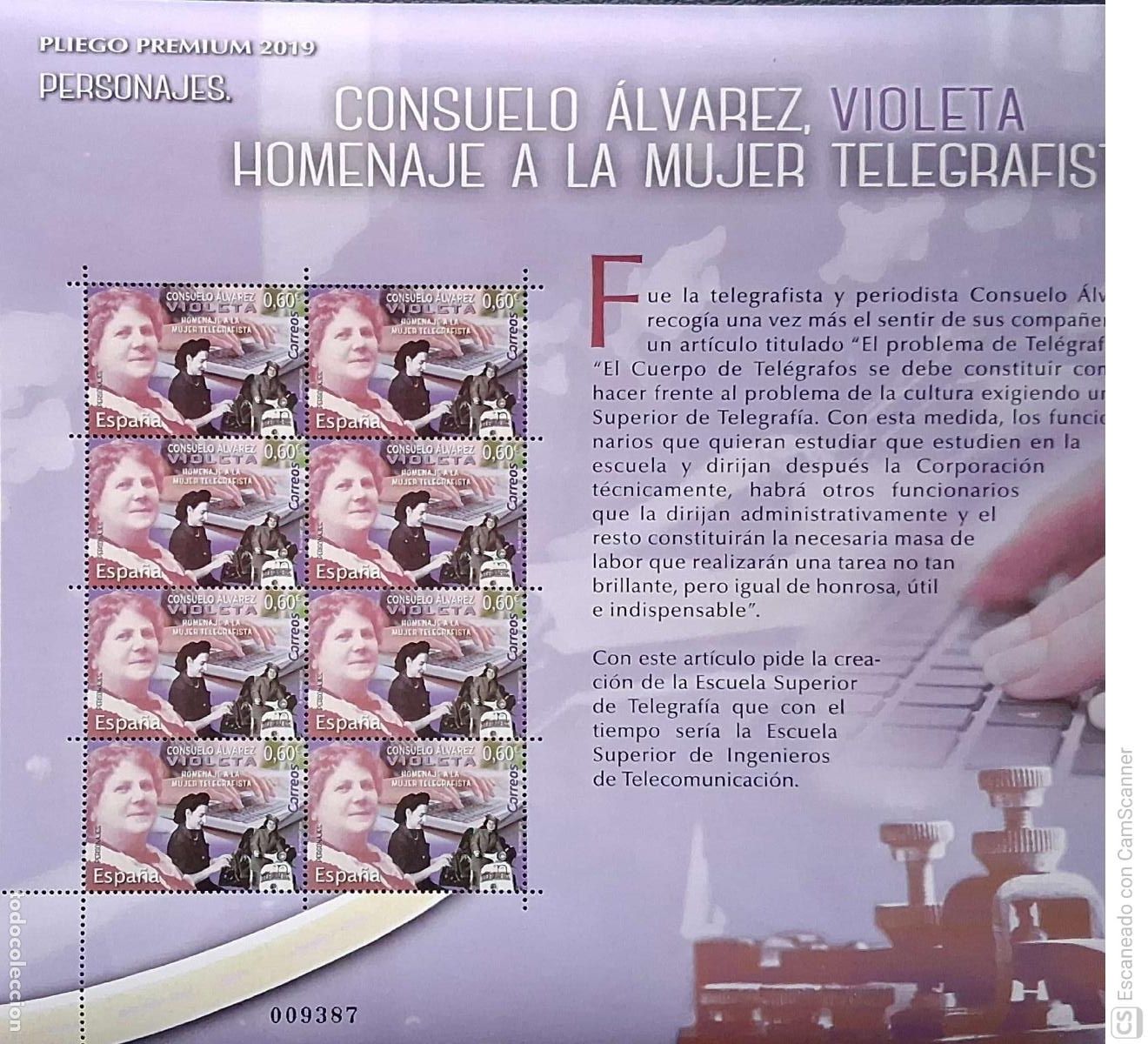 Briefmarken: Espa&ntilde;a. 5313 Personajes: Consuelo &Aacute;lvarez Violeta. Homenaje a la mujer telegrafista, en Minipliego d