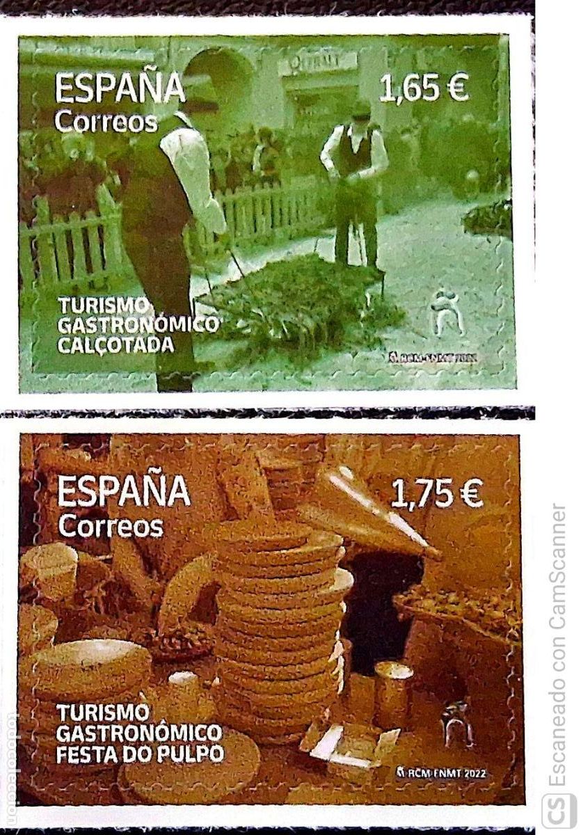 Sellos: Espa&ntilde;a. 5539/40 Turismo: Festa del Cal&ccedil;ot en Valls y Platos de madera con pulpo. 2022. Sellos nuevos