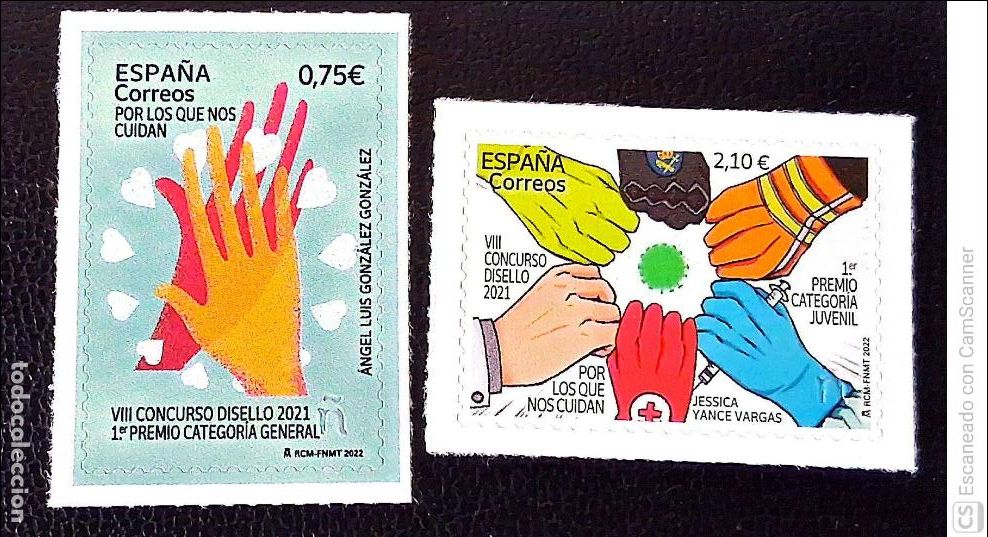 Sellos: Espa&ntilde;a. 5544/45 Concurso Disello: Aplauso colectivo de &Aacute;ngel Luis Gonz&aacute;lez y Unidos contra el virus