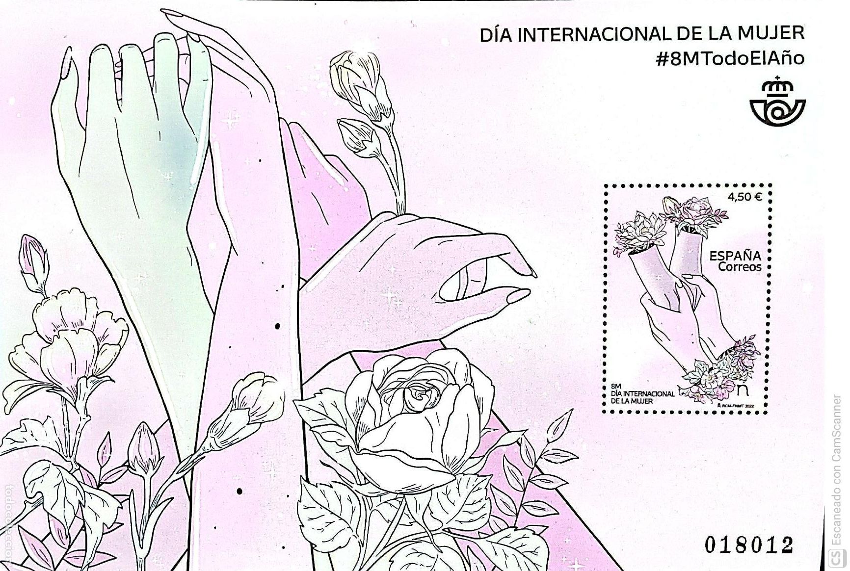 Sellos: Espa&ntilde;a. 5550 HB D&iacute;a internacional de la Mujer: Manos de dos mujeres agarr&aacute;ndose y un mont&oacute;n de flore