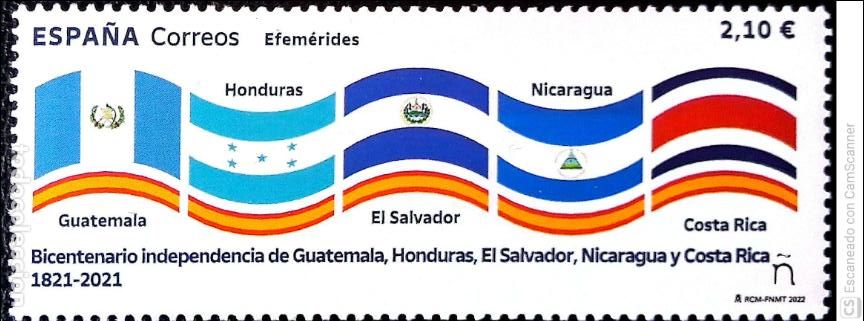 Sellos: Espa&ntilde;a. 5600 Efem&eacute;rides. Bicentenario de la Independencia de Costa Rica, El Salvador, Honduras, Nica