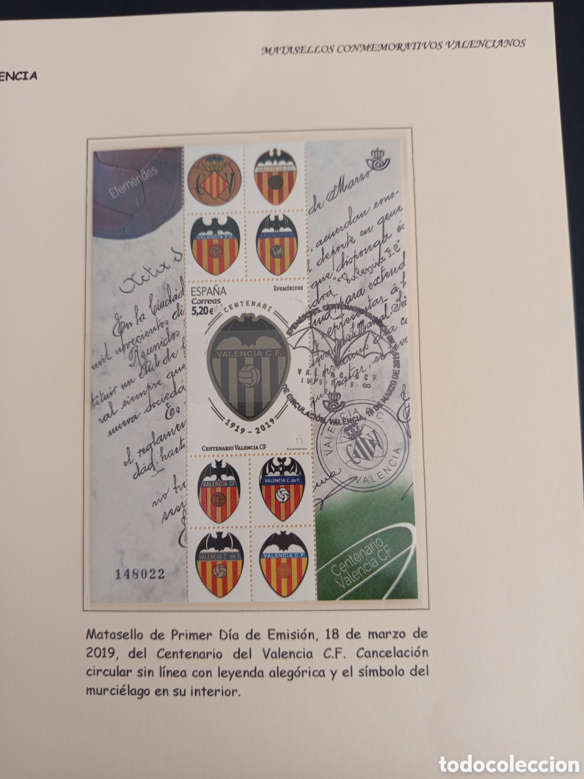 Sellos: Espa&ntilde;a, 2019. Hoja bloque Centenario Valencia CF. Pedido m&iacute;nimo 3 &euro;. Ver fotos
