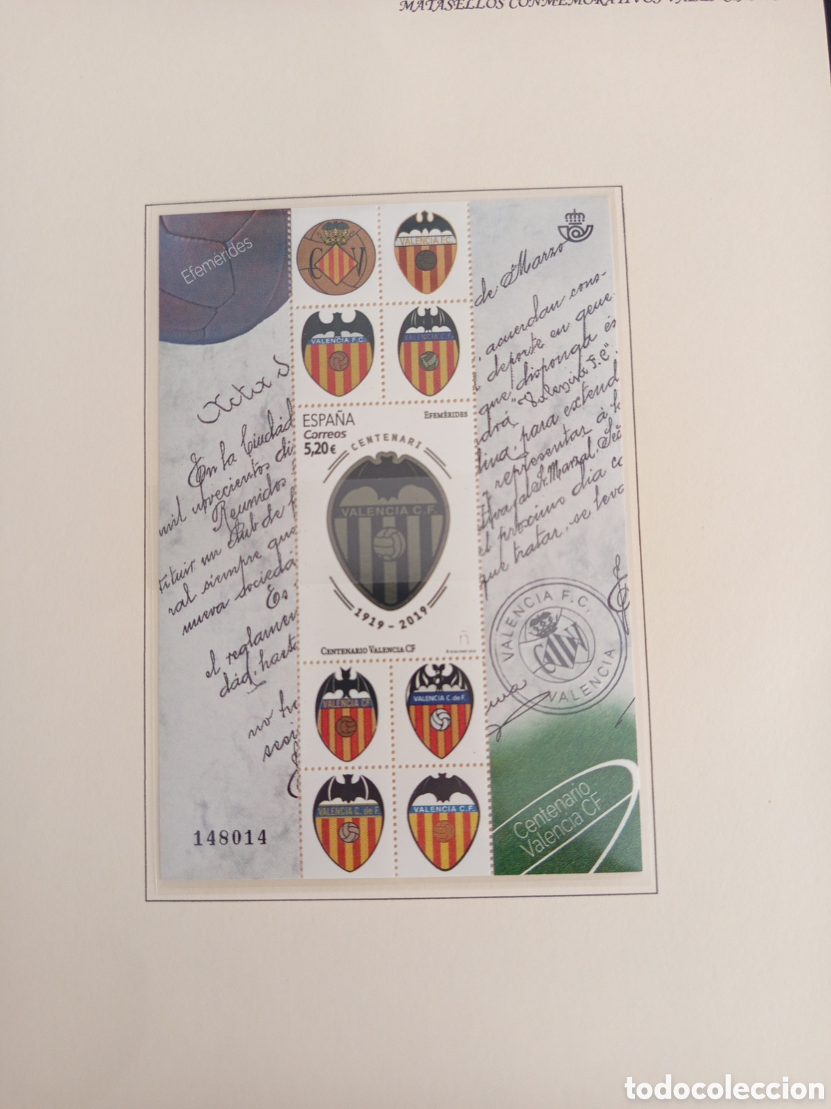 Sellos: Espa&ntilde;a, 2019. Hoja bloque Centenario Valencia CF. Pedido m&iacute;nimo 3 &euro;. Ver fotos .