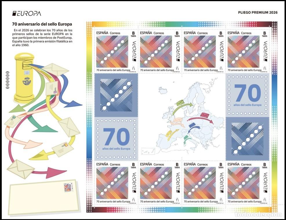 Sellos: ESPA&Ntilde;A 2026 70 ANIVERSARIO DEL SELLO EUROPA PLIEGO PREMIUN ED 5909 YT 5670
