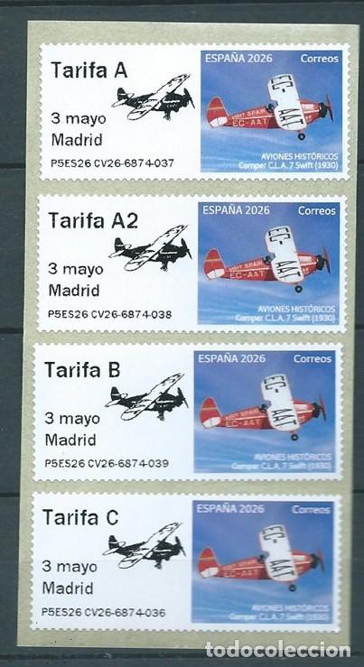 Sellos: ESPA&Ntilde;A 2026 ATM AVIONES HIST&Oacute;RICOS COMPER CLA 7 SWIFT 1930 SET 4V MNH