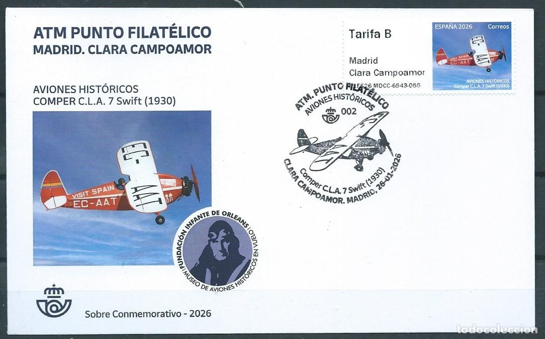 Sellos: ESPA&Ntilde;A 2026 ATM AVIONES HIST&Oacute;RICOS COMPER CLA 7 SWIFT 1930 FDC