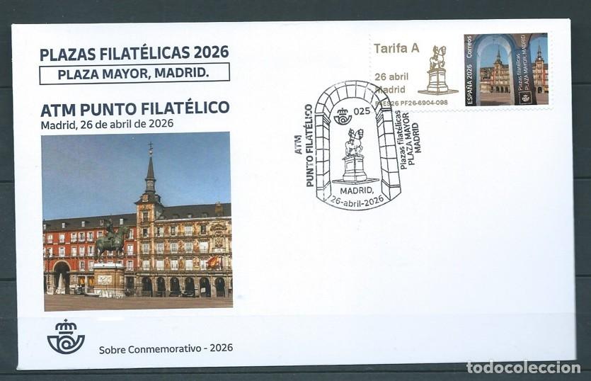Sellos: ESPA&Ntilde;A 2026 ATM PLAZAS FILAT&Eacute;LICAS PLAZA MAYOR (MADRID) FDC