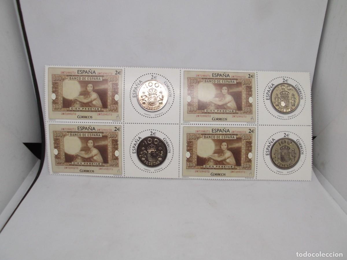 Timbres: Espa&ntilde;a 2015 Numism&aacute;tica Billete y moneda de 100 pesetas.Bloque de cuatro nuevos