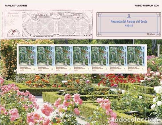 Sellos: ESPA&Ntilde;A 2026 PARQUES Y JARDINES. ROSALEDA DEL PARQUE DEL OESTE. MADRID PLIEGO PEMIUN ED 5911 YT 5672