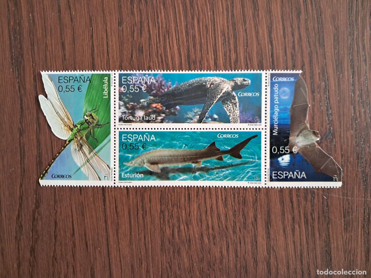 Sellos: Espa&ntilde;a. 4982/85 Fauna protegida: Lib&eacute;lula, Tortuga la&uacute;d, Esturi&oacute;n y Murci&eacute;lago patudo. 2015. Sellos