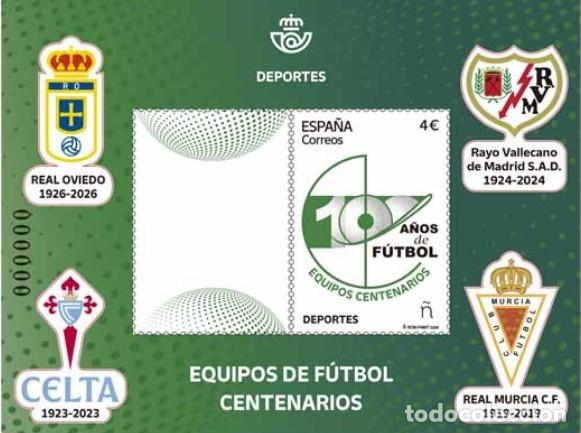 Sellos: ESPA&Ntilde;A 2026 HB EQUIPOS DE F&Uacute;TBOL CENTENARIOS:R..OVIEDO; RAYO VALLECANO;CELTA; REAL MURCIA ED HB5912
