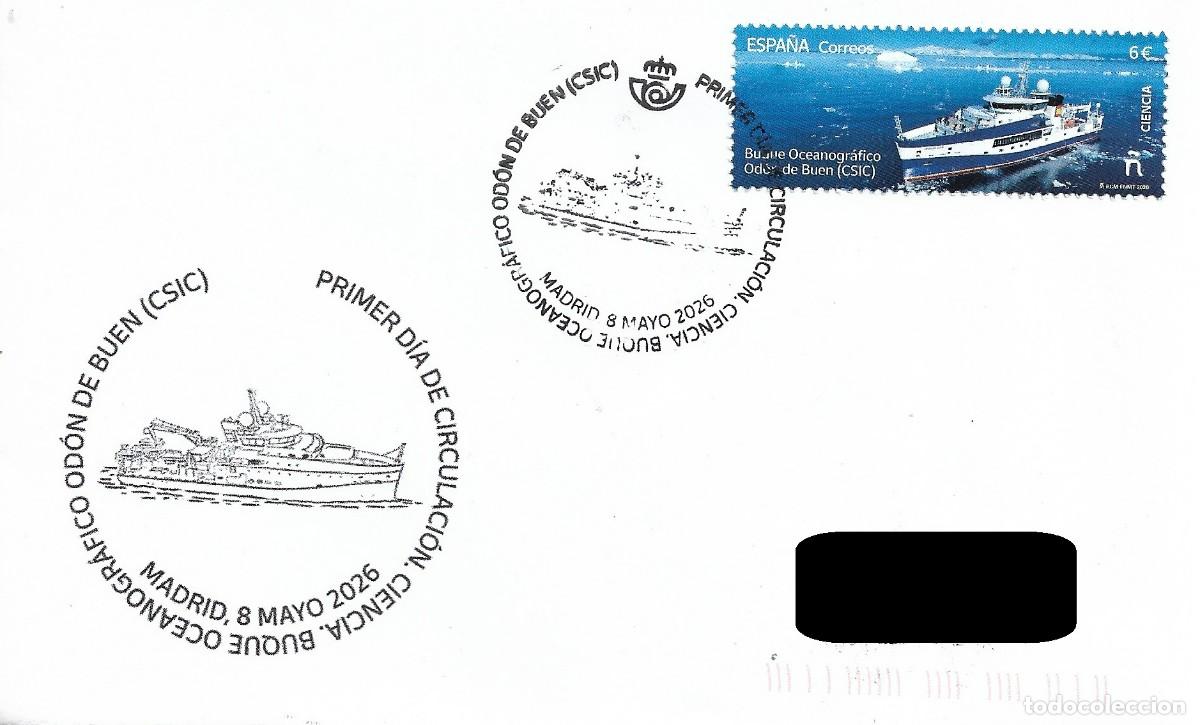 Francobolli: ESPA&Ntilde;A. SOBRE PRIMER DIA. BUQUE OCEANOGRAFICO &rdquo;ODON DE BUEN&rdquo;. 2026