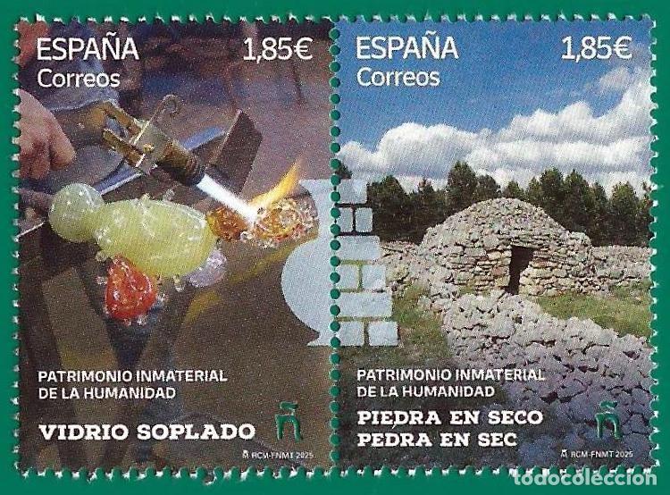 Sellos: Espa&ntilde;a. 2025. Patrimonio Inmaterial de la Humanidad. Piedra en seco. Vidrio soplado