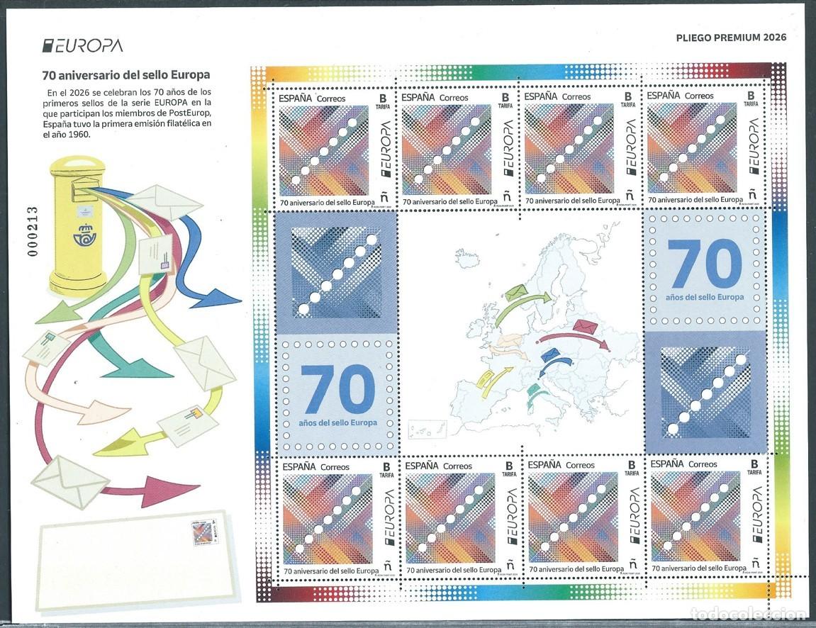Timbres: ESPA&Ntilde;A 2026 70 ANIVERSARIO DEL SELLO EUROPA PLIEGO PREMIUN ED 5909 YT 5670