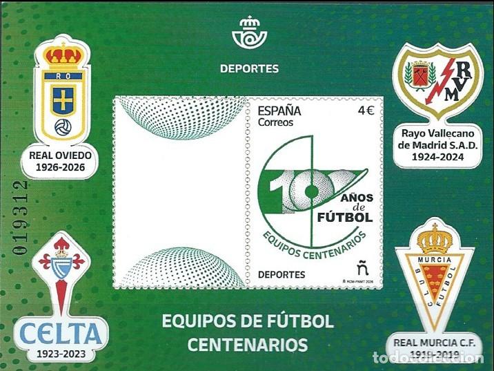 Sellos: ESPA&Ntilde;A 2026 HB EQUIPOS DE F&Uacute;TBOL CENTENARIOS:R..OVIEDO; RAYO VALLECANO;CELTA; REAL MURCIA ED HB5912
