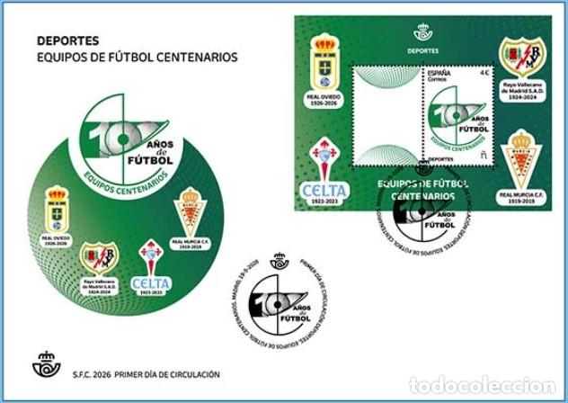 Sellos: ESPA&Ntilde;A 2026 HB EQUIPOS DE F&Uacute;TBOL CENT: R..OVIEDO; RAYO VALLECANO;CELTA; REAL MURCIA FDC ED HB-5912