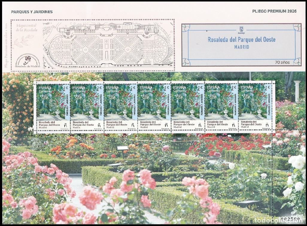 Francobolli: ESPA&Ntilde;A 2026 PARQUES Y JARDINES. ROSALEDA DEL PARQUE DEL OESTE. MADRID PLIEGO PEMIUN ED 5911 YT 5672