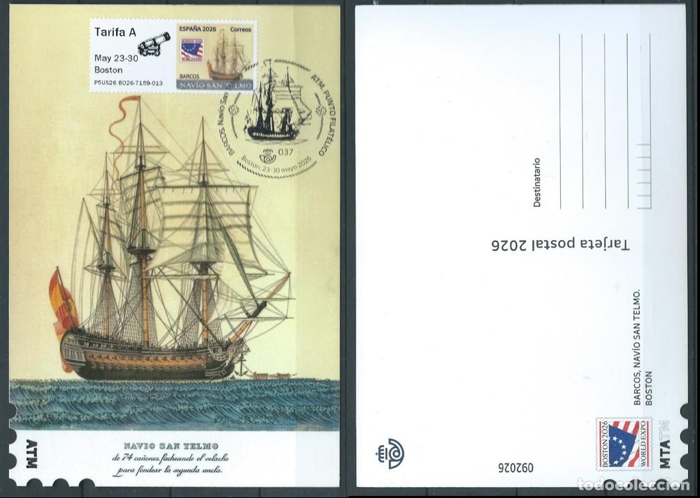 Sellos: ESPA&Ntilde;A 2026 ATM BOSTON WORLD EXPO 2026 NAV&Iacute;O SAN TELMO ENTERO POSTAL CANCELADO PRIMER DIA