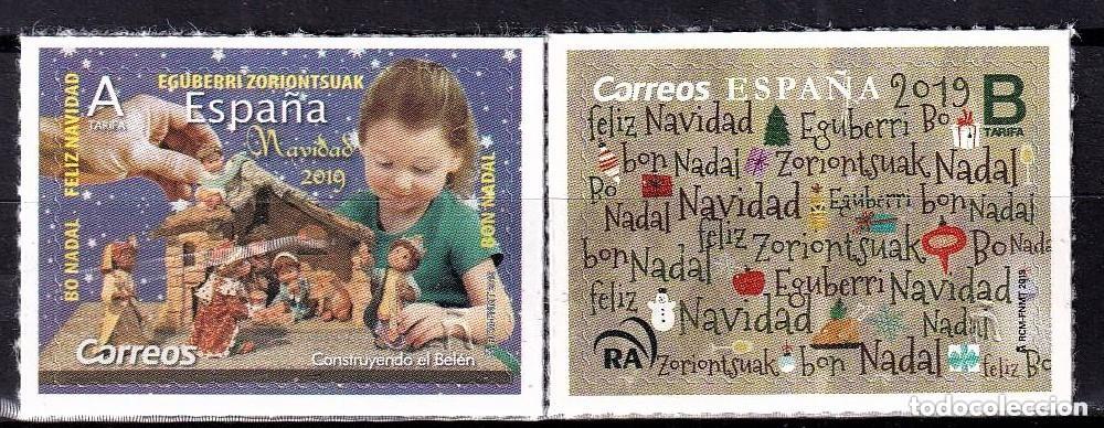 Sellos: Espa&ntilde;a 2019 Edifil 5353/4 Sello ** Navidad Construyendo el Belen y Merry Christmas diferentes lengua