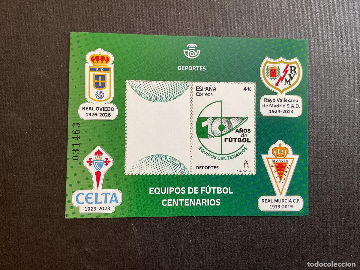Sellos: ESPA&Ntilde;A A&Ntilde;O 2026. DEPORTES. EQUIPOS CENTENARIOS DE FUTBOL. RAYO VALLECANO, CELTA OVIEDO Y MURCIA
