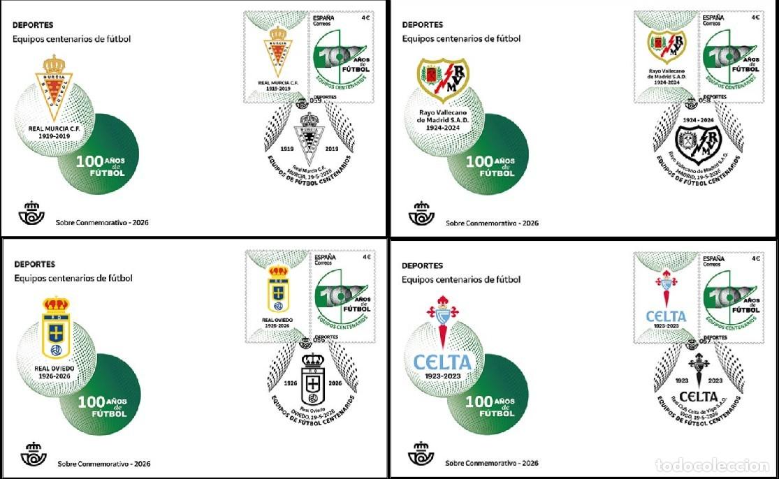 Sellos: ESPA&Ntilde;A 2026 HB EQUIPOS DE F&Uacute;TBOL CENT: R..OVIEDO; RAYO VALLECANO;CELTA; REAL MURCIA 4V FDC ED 5912