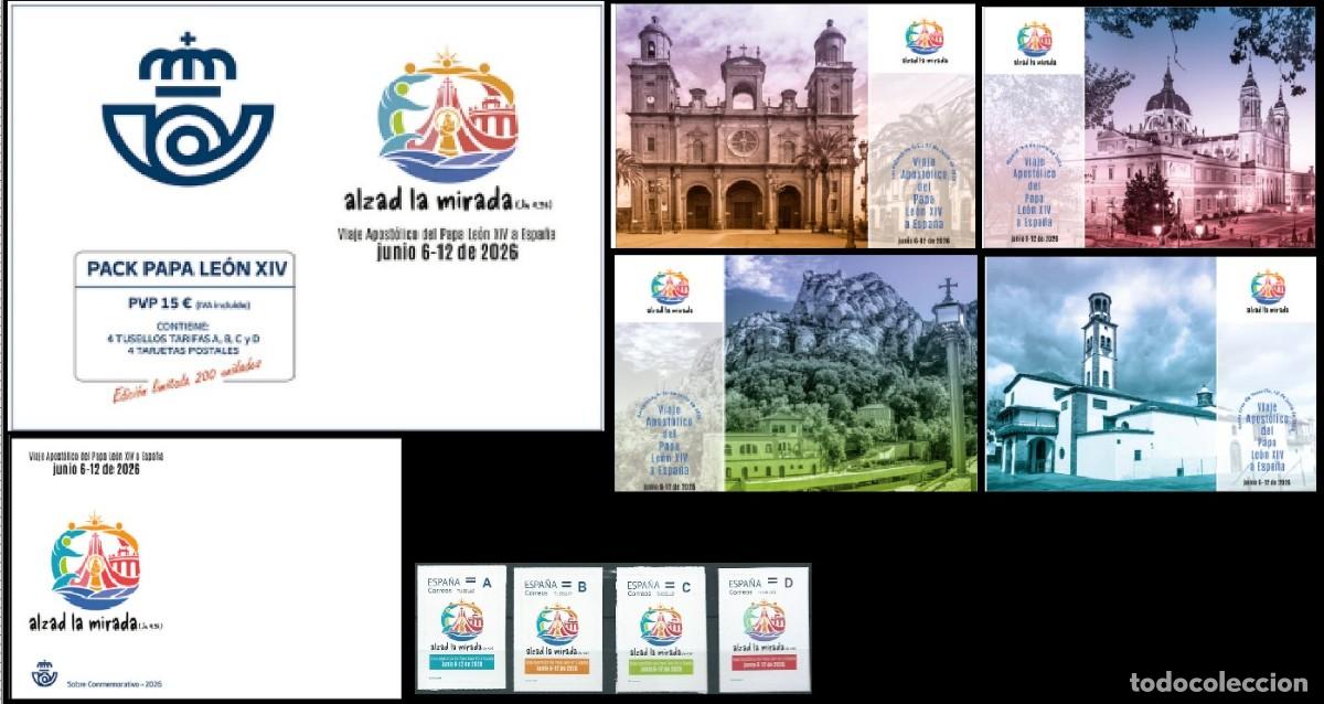 Sellos: ESPA&Ntilde;A 2026 PACK FILAT&Eacute;LICO ALZAD LA MIRADA. VIAJE APOST&Oacute;LICO DEL PAPA LE&Oacute;N XIV A ESPA&Ntilde;A
