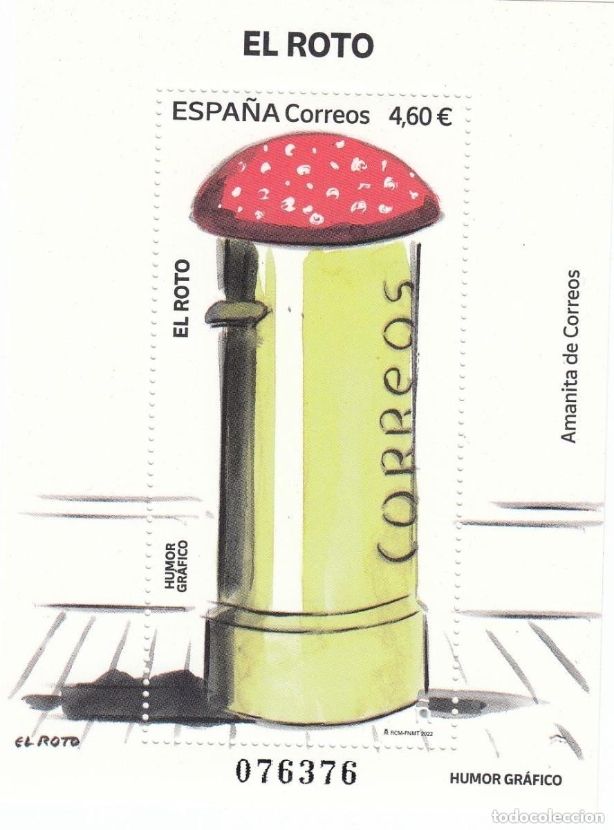 Sellos: Espa&ntilde;a. 5561 HB Humor Gr&aacute;fico: El Roto. Buz&oacute;n amarillo de Correos con seta tipo amanita por sombrero