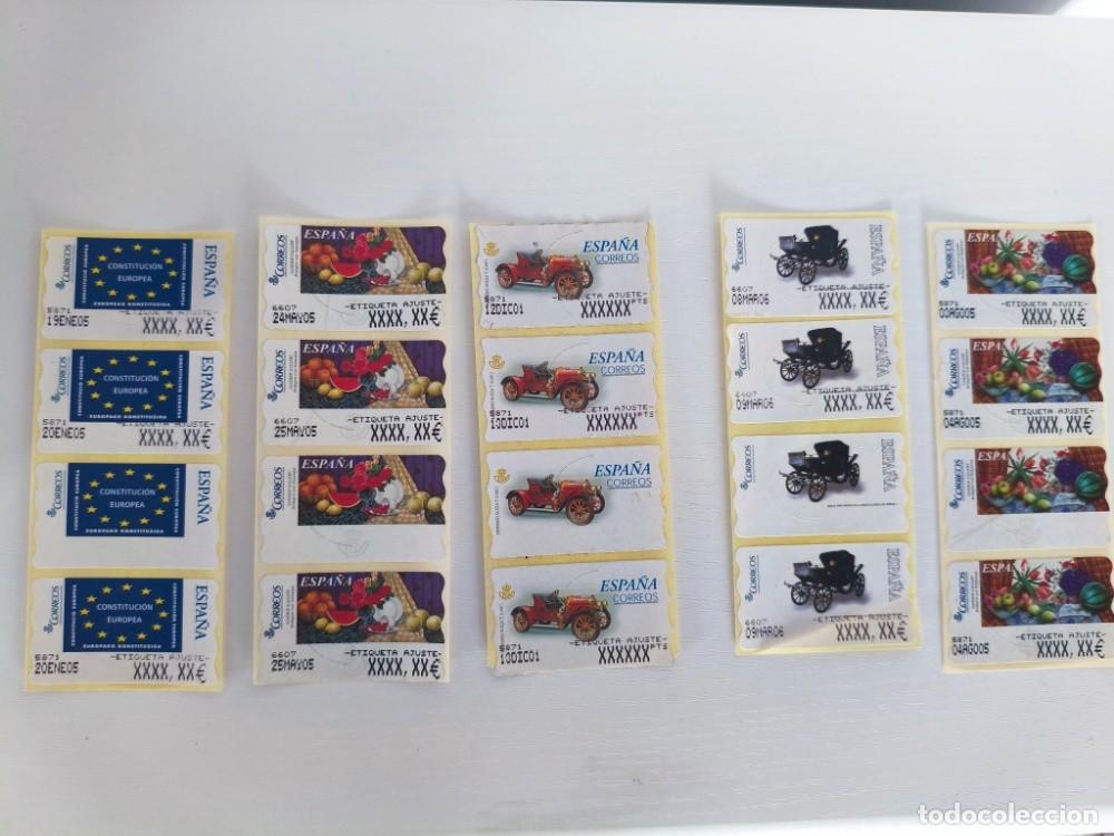 Sellos: Lote Tiras ATM Correos Espa&ntilde;a. Temas Varios: Motos, Coches, Frutas, Carruajes. 100 sellos ATM