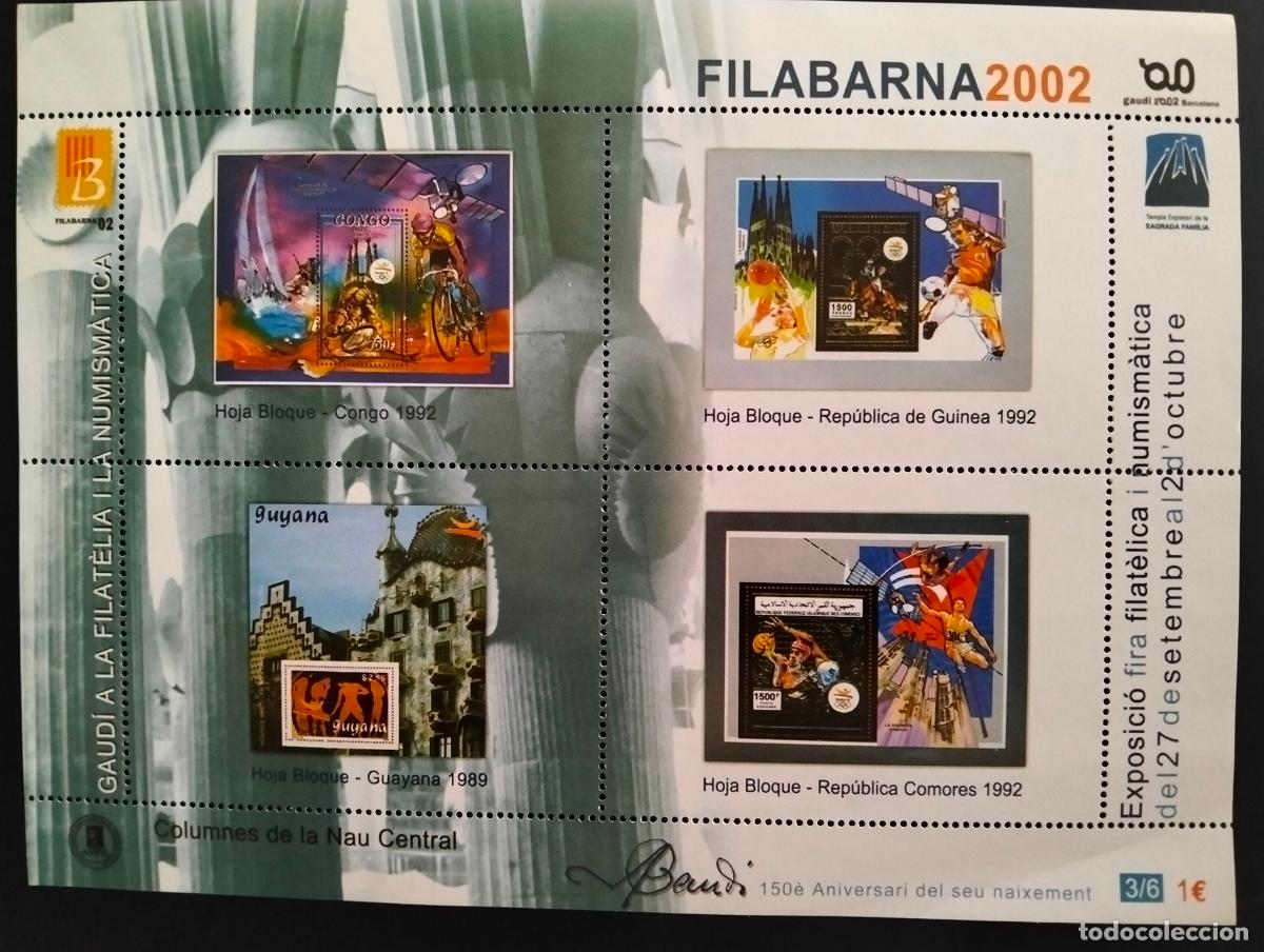 Sellos: HOJA BLOQUE CONMEMORATIVA, FILABARNA 2002, GAUDI A LA FILATELIA I LA NUMISMATICA