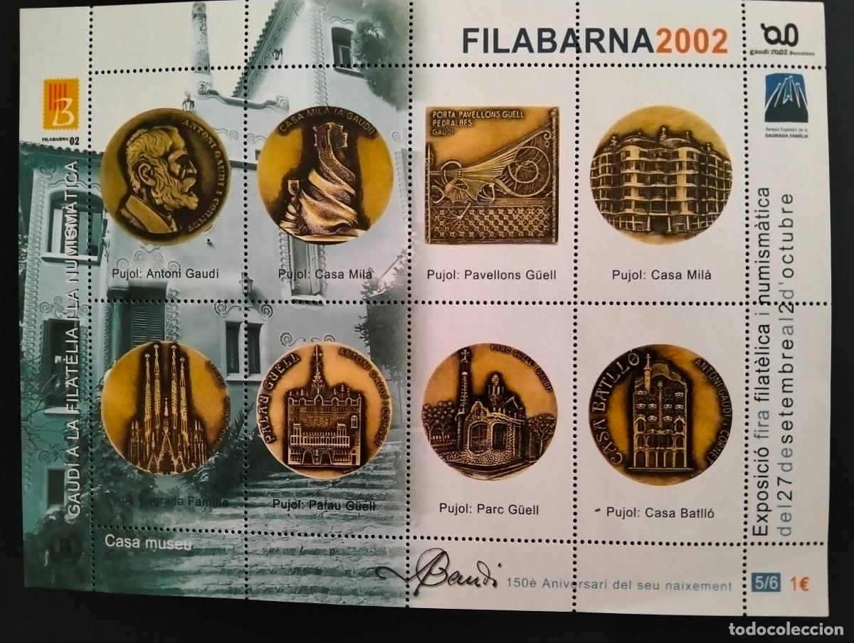Sellos: HOJA BLOQUE CONMEMORATIVA, FILABARNA 2002, GAUDI A LA FILATELIA I LA NUMISMATICA