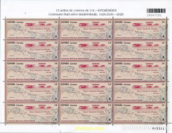 Sellos: 787317 MNH ESPA&Ntilde;A 2026 EFEM&eacute;RIDES. CENTENARIO RAID A&eacute;REO MADRID-MANILA. 1926-2026.